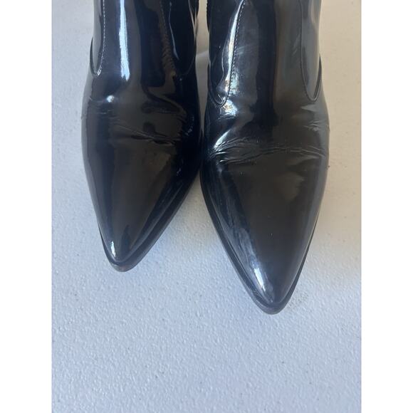 Miu Miu Patent Leather Boots 37.5 Ankle Booties Black 2' Heel Pointy Italy - Picture 13 of 15